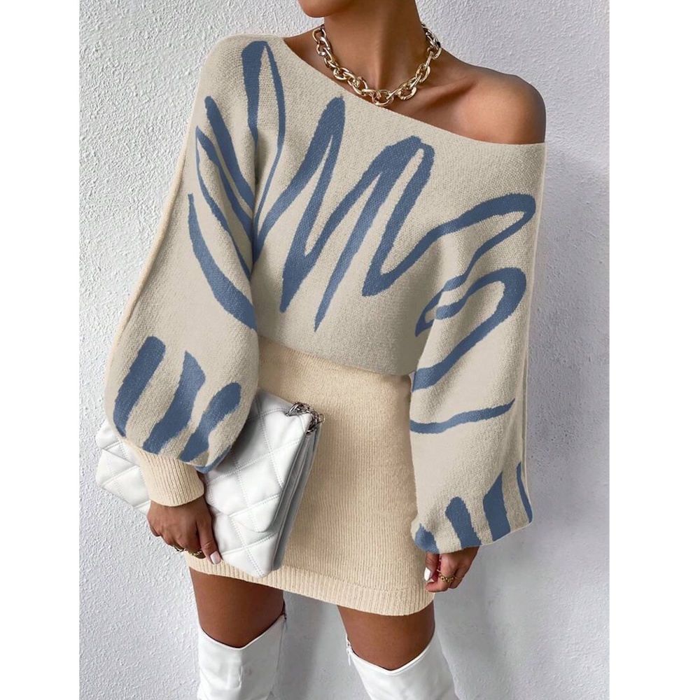 Dirty Beige Knit Long Batwing Sleeve Dress Abstract Print - Picture 2 of 7